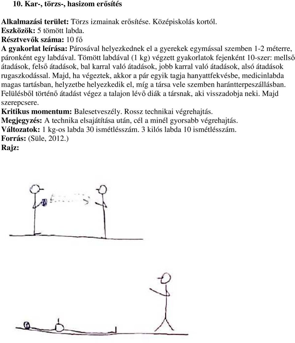 Tömött labdával (1 kg) végzett gyakorlatok fejenként 10-szer: mellső átadások, felső átadások, bal karral való átadások, jobb karral való átadások, alsó átadások rugaszkodással.