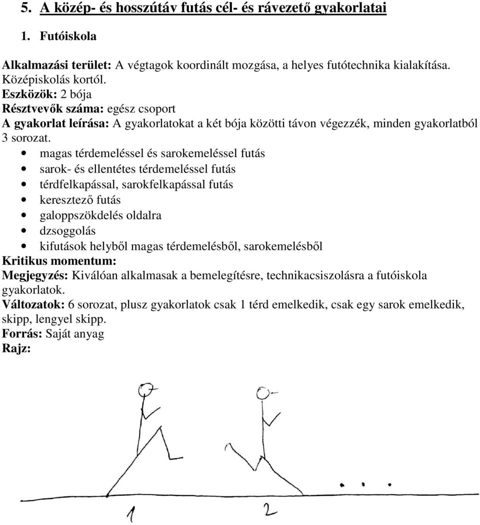 magas térdemeléssel és sarokemeléssel futás sarok- és ellentétes térdemeléssel futás térdfelkapással, sarokfelkapással futás keresztező futás galoppszökdelés oldalra dzsoggolás kifutások helyből