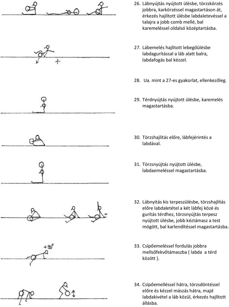 Törzshajlítás előre, lábfejérintés a labdával. 31. Törzsnyújtás nyújtott ülésbe, labdaemeléssel magastartásba. 32.