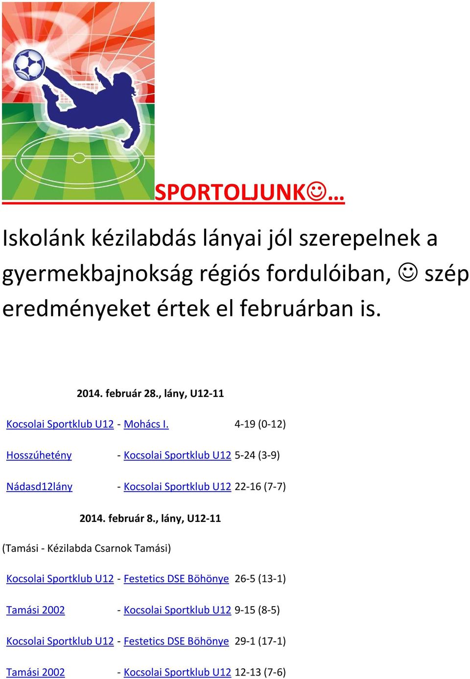 4-19 (0-12) Hosszúhetény - Kocsolai Sportklub U12 5-24 (3-9) Nádasd12lány - Kocsolai Sportklub U12 22-16 (7-7) 2014. február 8.