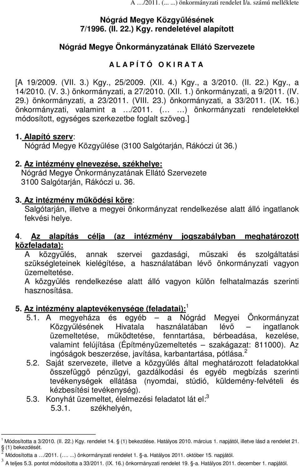 (XII. 1.) önkormányzati, a 9/2011. (IV. 29.) önkormányzati, a 23/2011. (VIII. 23.) önkormányzati, a 33/2011. (IX. 16.) önkormányzati, valamint a /2011.