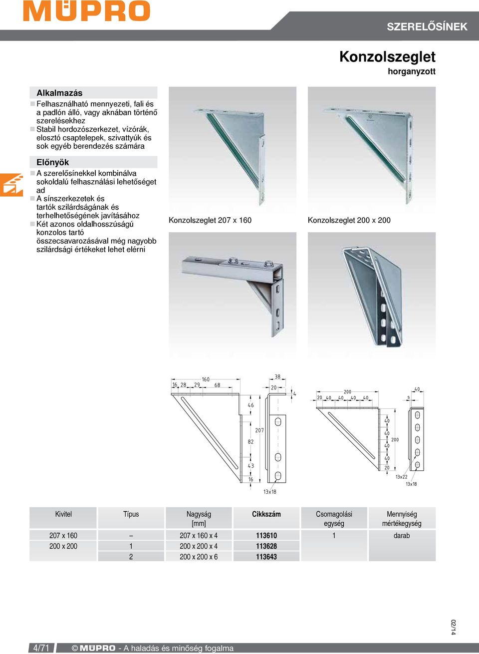 terhelhetőségének javításához Két azonos oldalhosszúságú konzolos tartó összecsavarozásával még nagyobb szilárdsági értékeket lehet elérni Konzolszeglet 207 x 160