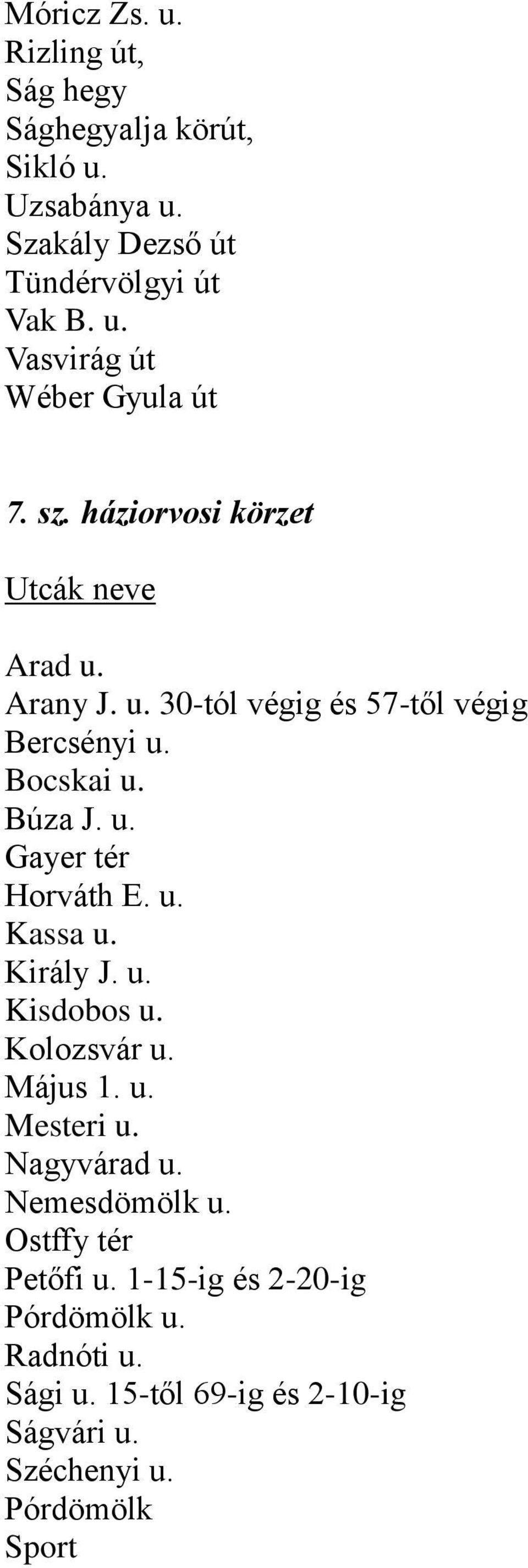 u. Kassa u. Király J. u. Kisdobos u. Kolozsvár u. Május 1. u. Mesteri u. Nagyvárad u. Nemesdömölk u. Ostffy tér Petőfi u.