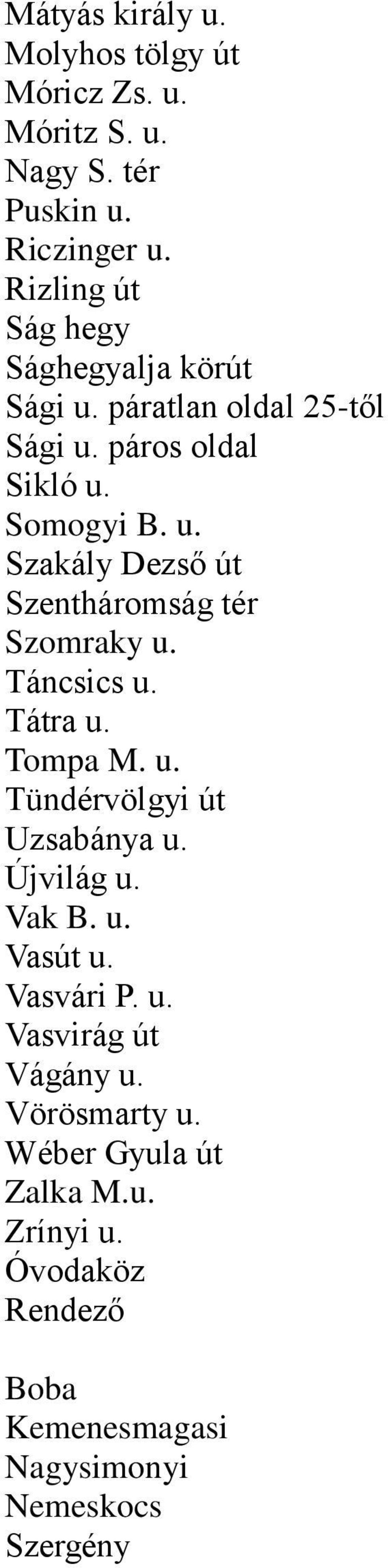 Táncsics u. Tátra u. Tompa M. u. Tündérvölgyi út Uzsabánya u. Újvilág u. Vak B. u. Vasút u. Vasvári P. u. Vasvirág út Vágány u.