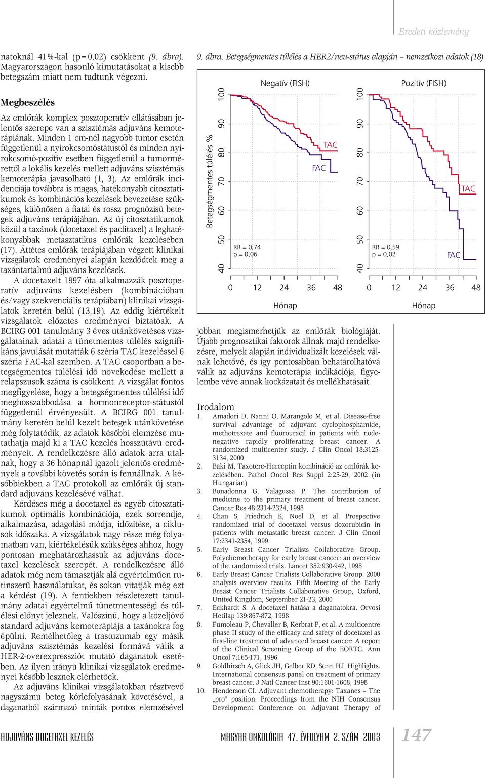 Minden 1 cm-nél nagyobb tumor esetén függetlenül a nyirokcsomóstátustól és minden nyirokcsomó-pozitív esetben függetlenül a tumormérettôl a lokális kezelés mellett adjuváns szisztémás kemoterápia