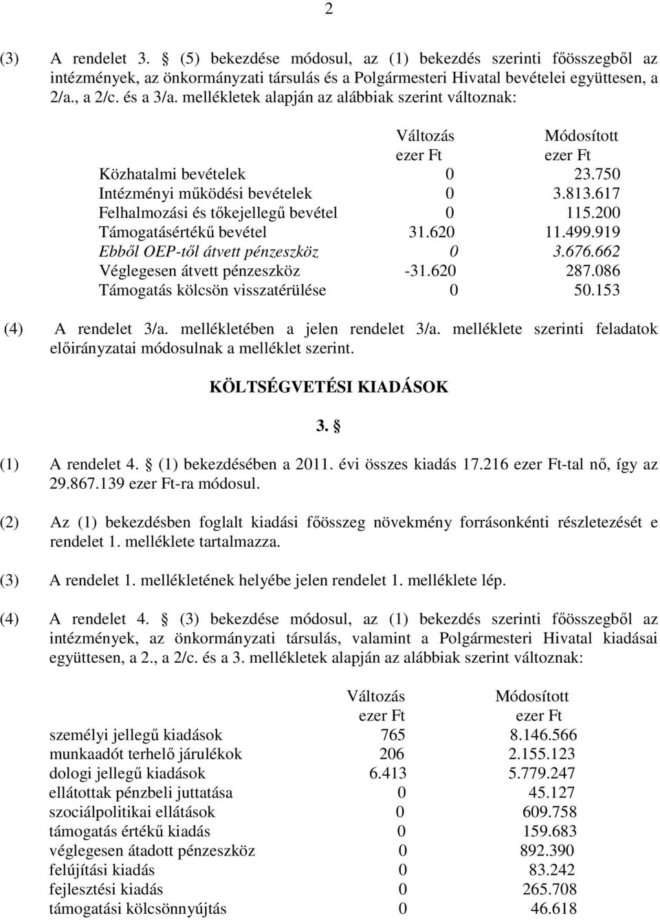 617 Felhalmozási és tıkejellegő bevétel 0 115.200 Támogatásértékő bevétel 31.620 11.499.919 Ebbıl OEP-tıl átvett pénzeszköz 0 3.676.662 Véglegesen átvett pénzeszköz -31.620 287.