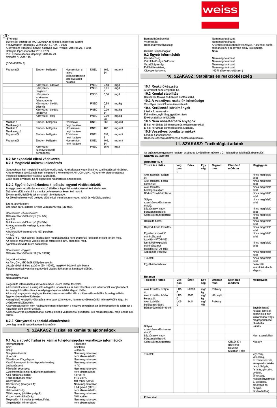 11 Fogyazói Ember belégzé DNEL 12, 34 mg/m3 Környeze édevíz PNEC,1 Környeze PNEC,1 Környeze PNEC,36 zakazo felzabadulá Környeze üled, PNEC,9 mg/ édevíz 1 Környeze üled, PNEC,9 mg/ 1 Környeze alaj