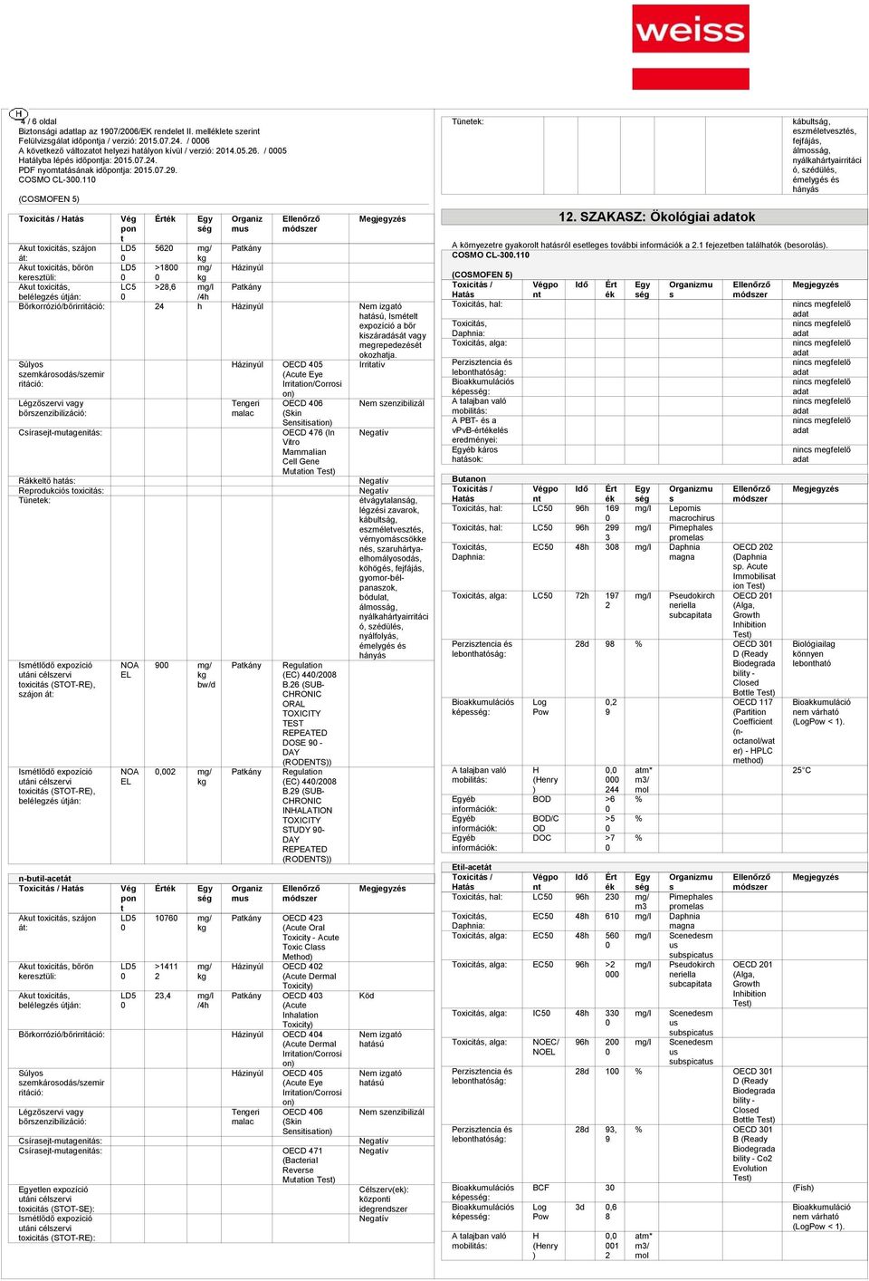 11 Toxiciá / Haá LC5 Ér m Aku oxiciá, zájon á: 562 mg/ Aku oxiciá, bőrön >1 mg/ Házinyúl i: Aku oxiciá, >2,6 /4h Bőrkorrózió/bőrirriáció: 24 h Házinyúl Nem izgaó haáú, Iméel expozíció a bőr kizáradáá