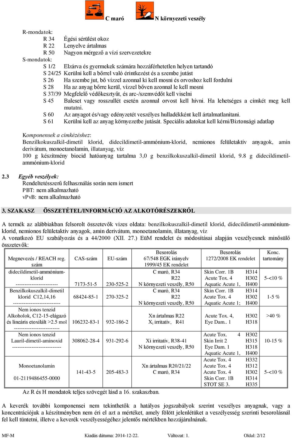 azonnal le kell mosni S 37/39 Megfelelő védőkesztyűt, és arc-/szemvédőt kell viselni S 45 Baleset vagy rosszullét esetén azonnal orvost kell hívni. Ha lehetséges a címkét meg kell mutatni.
