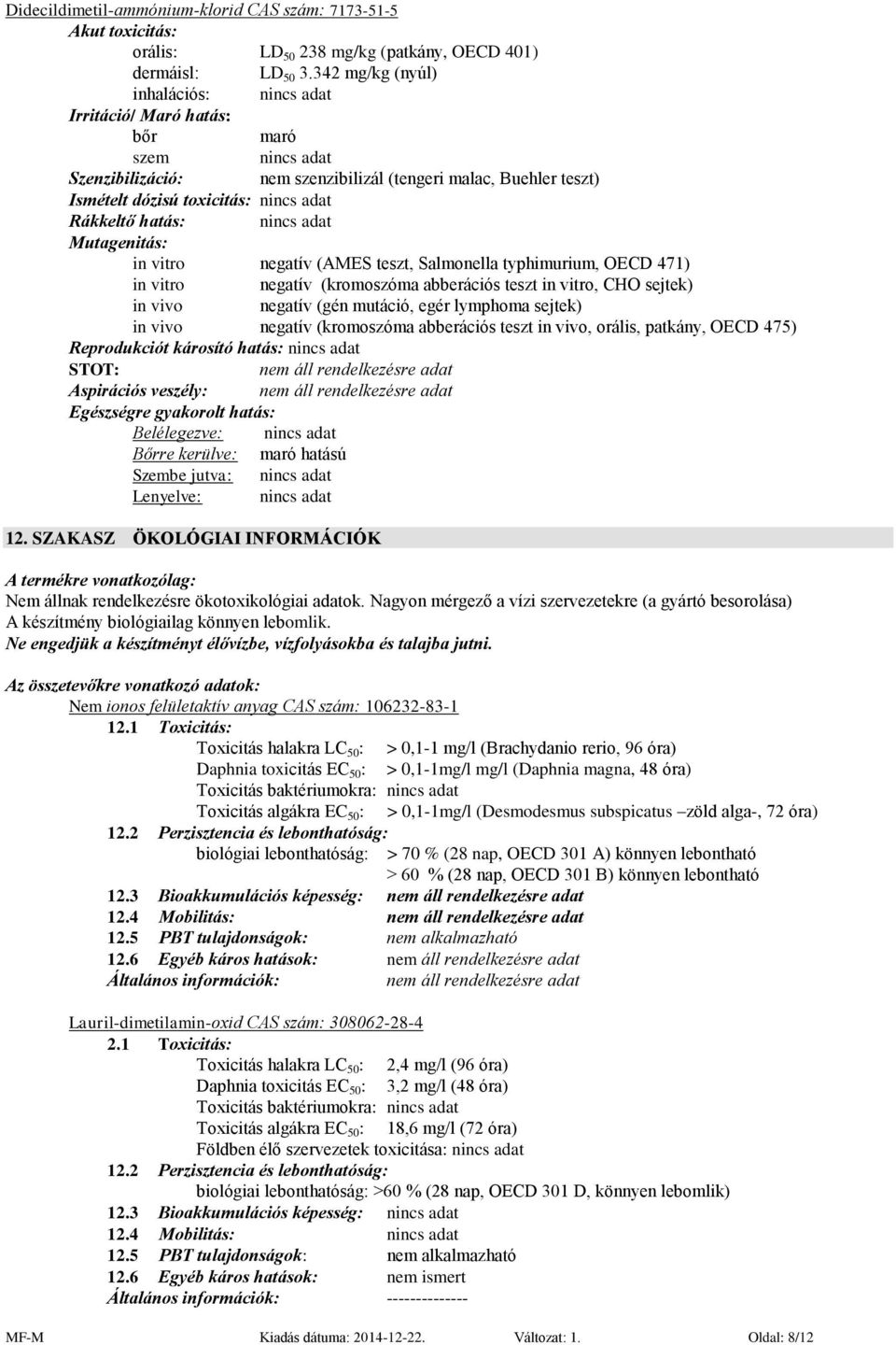 Rákkeltő hatás: nincs adat Mutagenitás: in vitro negatív (AMES teszt, Salmonella typhimurium, OECD 471) in vitro negatív (kromoszóma abberációs teszt in vitro, CHO sejtek) in vivo negatív (gén