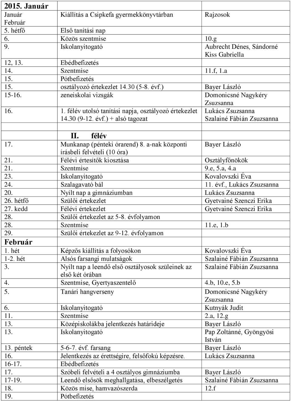 30 (9-12. évf.) + alsó tagozat Lukács Szalainé Fábián II. félév 17. Munkanap (pénteki órarend) 8. a-nak központi Bayer László írásbeli felvételi (10 óra) 21.