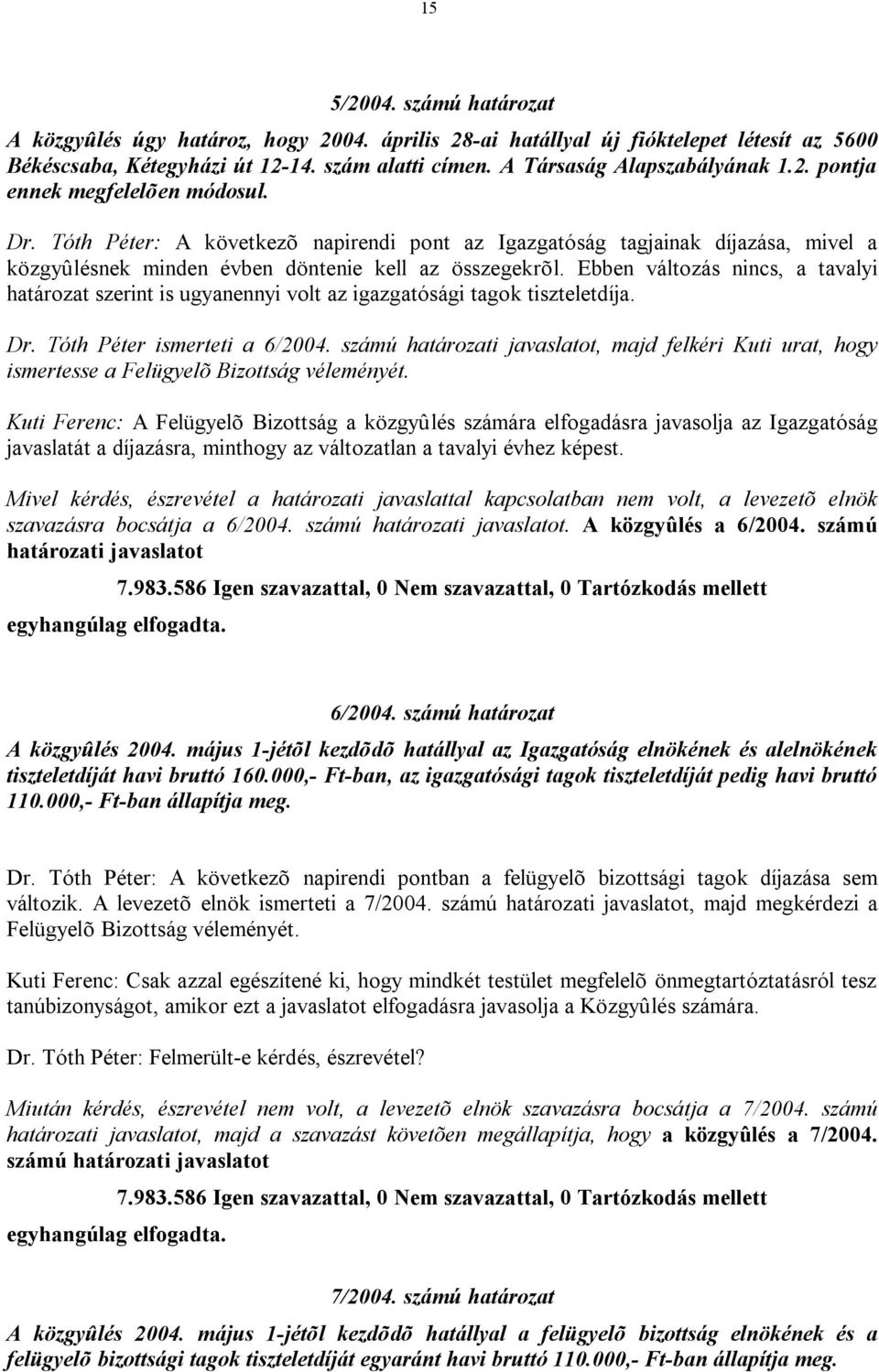 Ebben változás nincs, a tavalyi határozat szerint is ugyanennyi volt az igazgatósági tagok tiszteletdíja. Dr. Tóth Péter ismerteti a 6/2004.