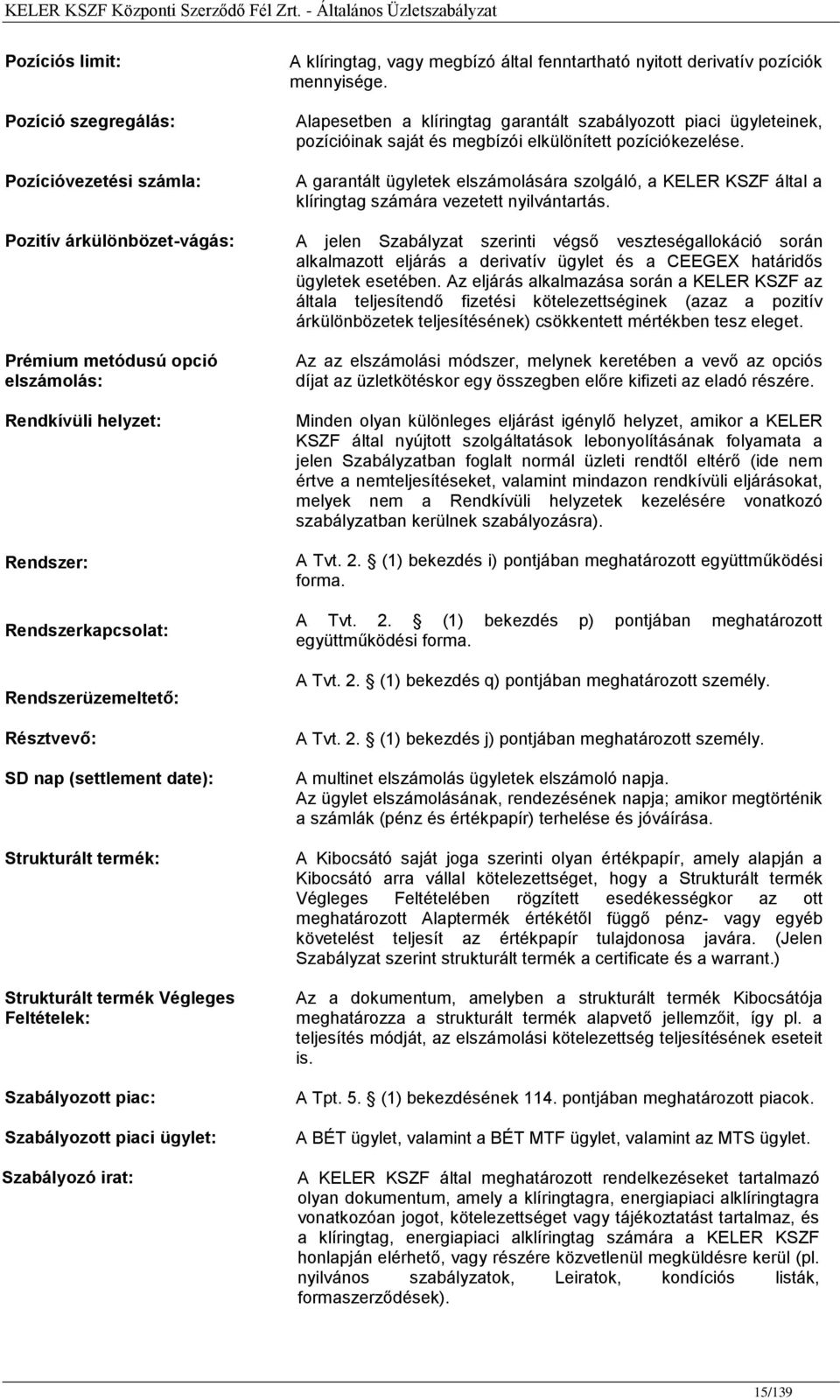 (settlement date): Strukturált termék: Strukturált termék Végleges Feltételek: Szabályozott piac: Szabályozott piaci ügylet: Szabályozó irat: Alapesetben a klíringtag garantált szabályozott piaci