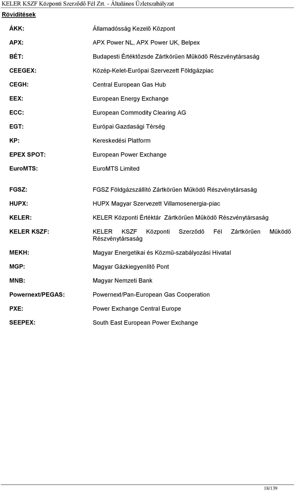 EuroMTS Limited FGSZ: HUPX: KELER: FGSZ Földgázszállító Zártkörűen Működő Részvénytársaság HUPX Magyar Szervezett Villamosenergia-piac KELER Központi Értéktár Zártkörűen Működő Részvénytársaság KELER