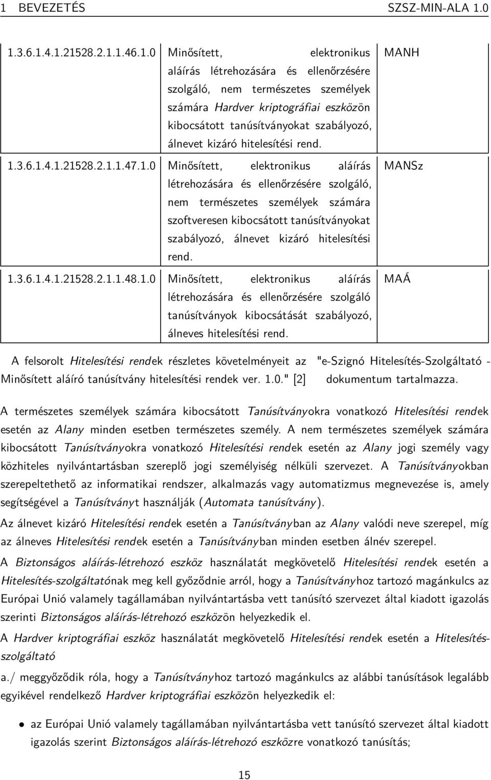 3.6.1.4.1.21528.2.1.1.47.1.0 Minősített, elektronikus aláírás létrehozására és ellenőrzésére szolgáló, nem természetes személyek számára szoftveresen 3.6.1.4.1.21528.2.1.1.48.1.0 Minősített, elektronikus aláírás létrehozására és ellenőrzésére szolgáló tanúsítványok kibocsátását szabályozó, álneves hitelesítési rend.