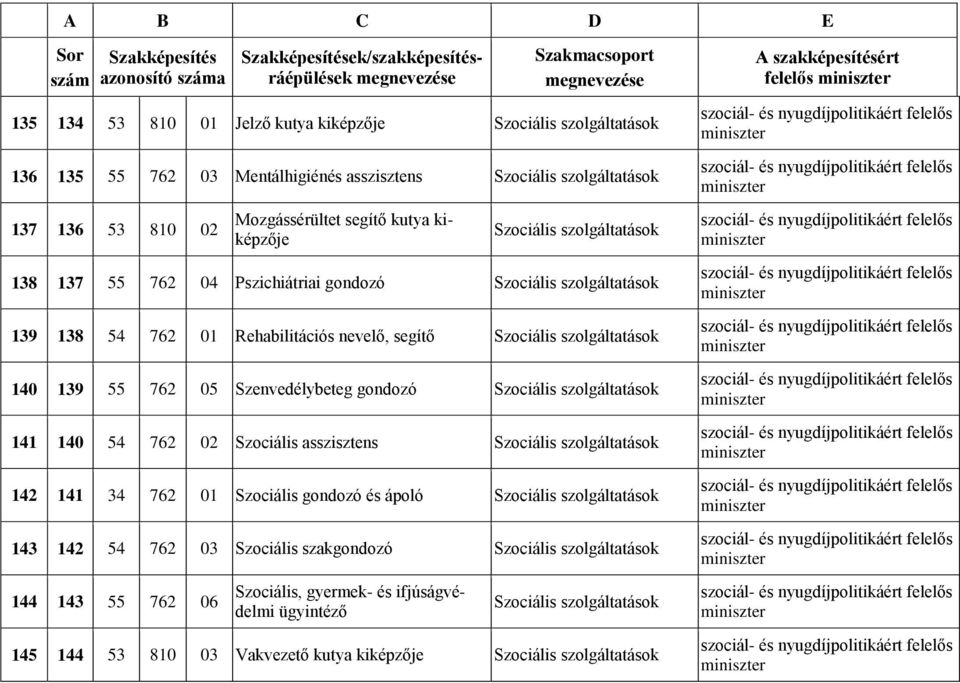 139 138 54 762 01 Rehabilitációs nevelő, segítő Szociális szolgáltatások 140 139 55 762 05 Szenvedélybeteg gondozó Szociális szolgáltatások 141 140 54 762 02 Szociális asszisztens Szociális