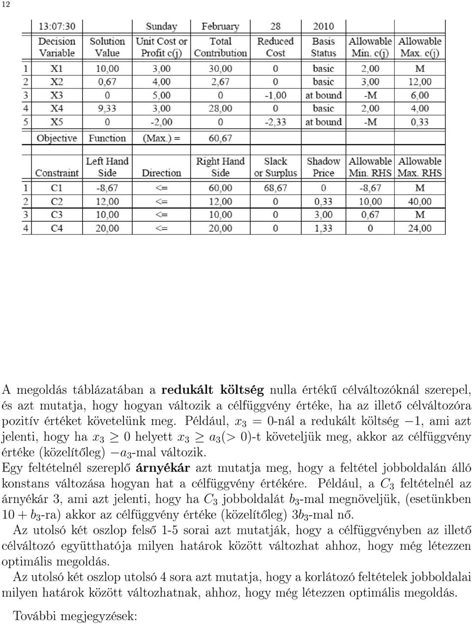 Egy feltételnél szerepl árnyékár azt mutatja meg, hogy a feltétel jobboldalán álló konstans változása hogyan hat a célfüggvény értékére.