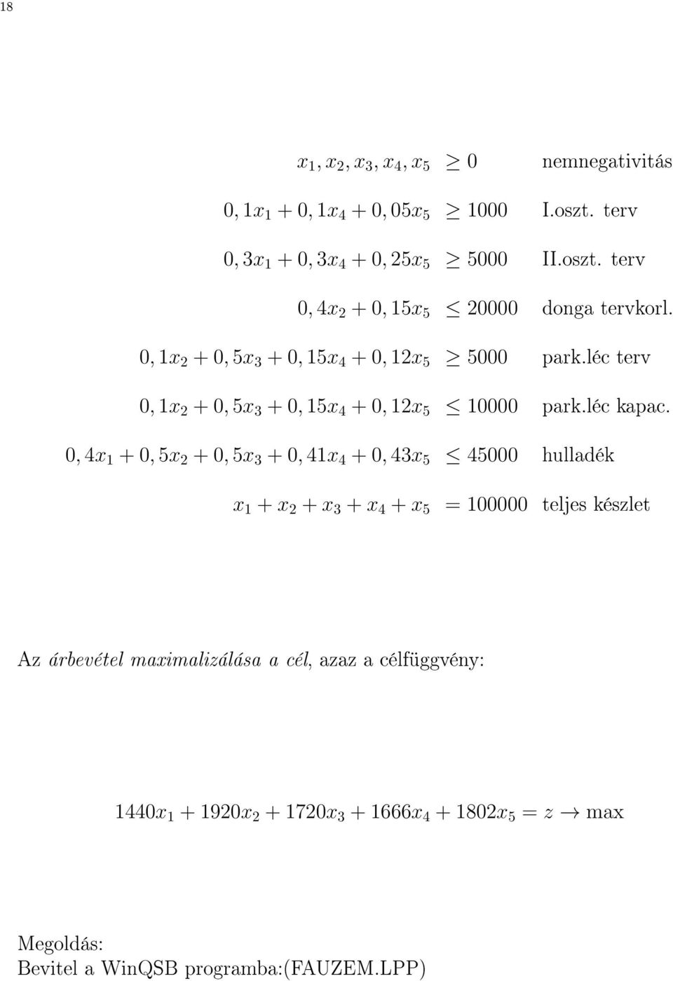0, 4x 1 + 0, 5x 2 + 0, 5x 3 + 0, 41x 4 + 0, 43x 5 45000 hulladék x 1 + x 2 + x 3 + x 4 + x 5 = 100000 teljes készlet Az árbevétel maximalizálása