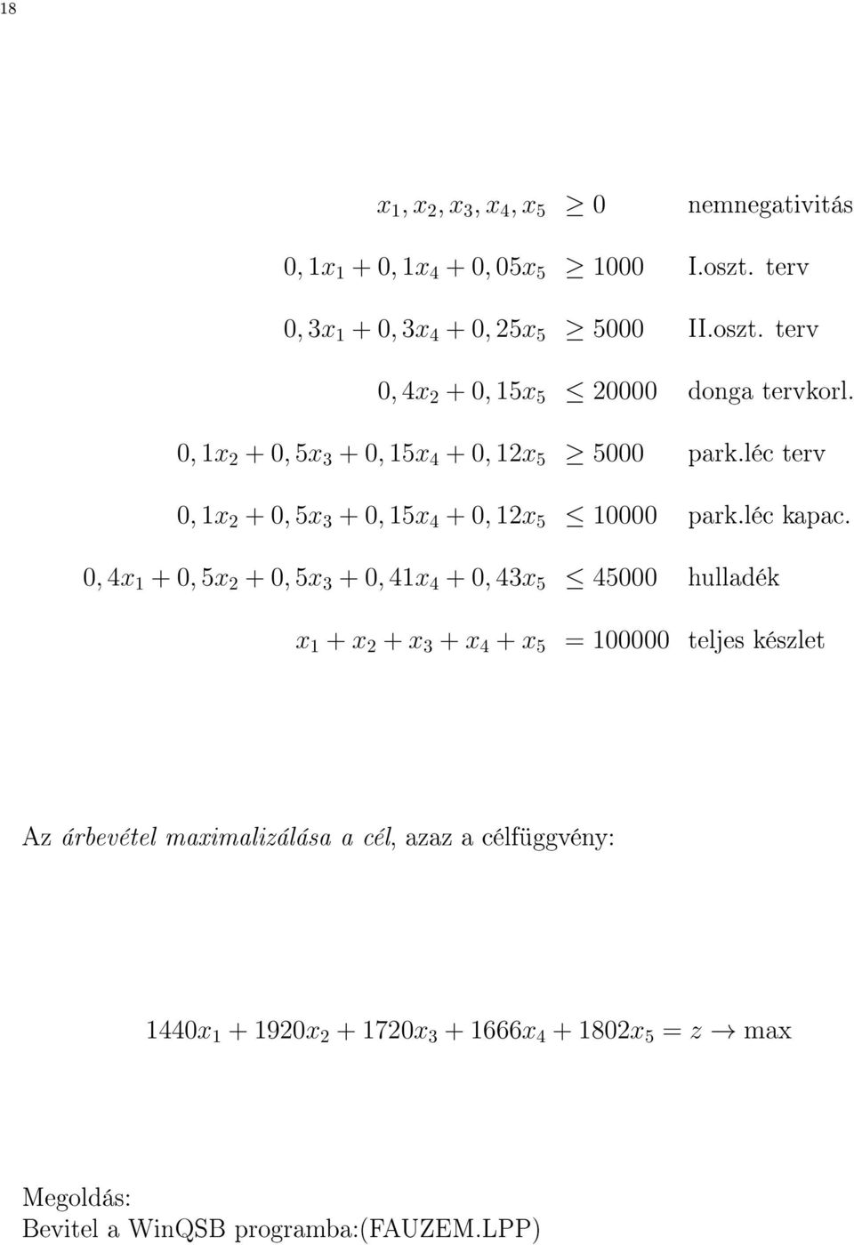 0, 4x 1 + 0, 5x 2 + 0, 5x 3 + 0, 41x 4 + 0, 43x 5 45000 hulladék x 1 + x 2 + x 3 + x 4 + x 5 = 100000 teljes készlet Az árbevétel maximalizálása