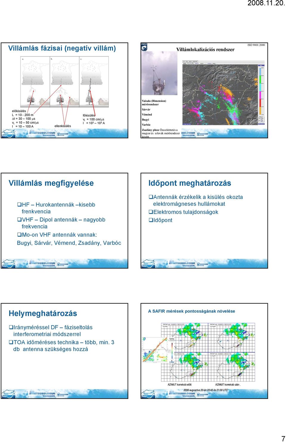Villámlás megfigyelése HF Hurokantennák kisebb frenkvencia VHF Dipol antennák nagyobb frekvencia Mo-on VHF antennák vannak: Bugyi, Sárvár, Vémend, Zsadány, Varbóc Időpont meghatározás Antennák