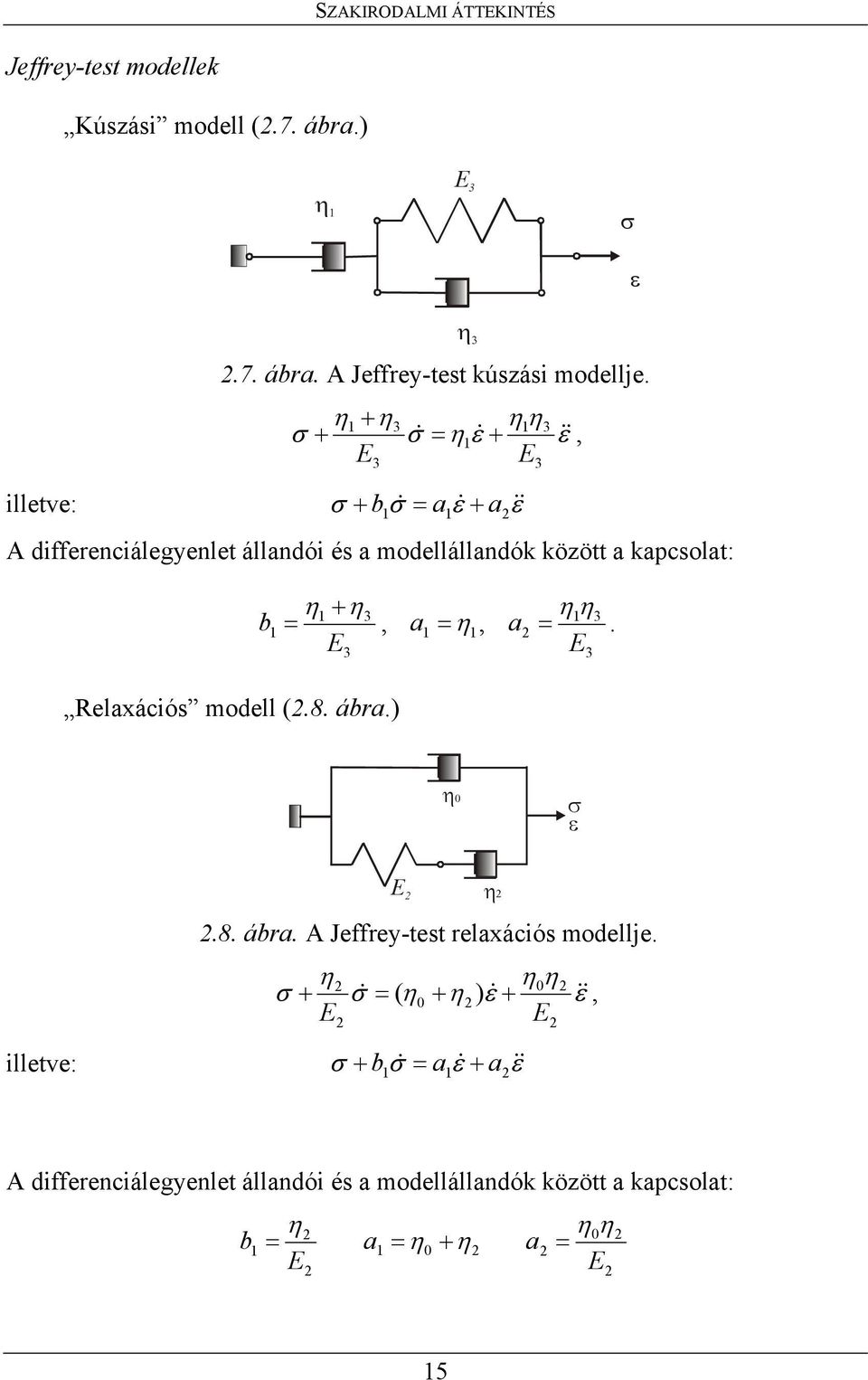 =, = η b η +η a, a η η =. Relaxációs modell (.8. ábra.) η σ ε illetve: η.8. ábra. A Jeffrey-test relaxációs modellje.