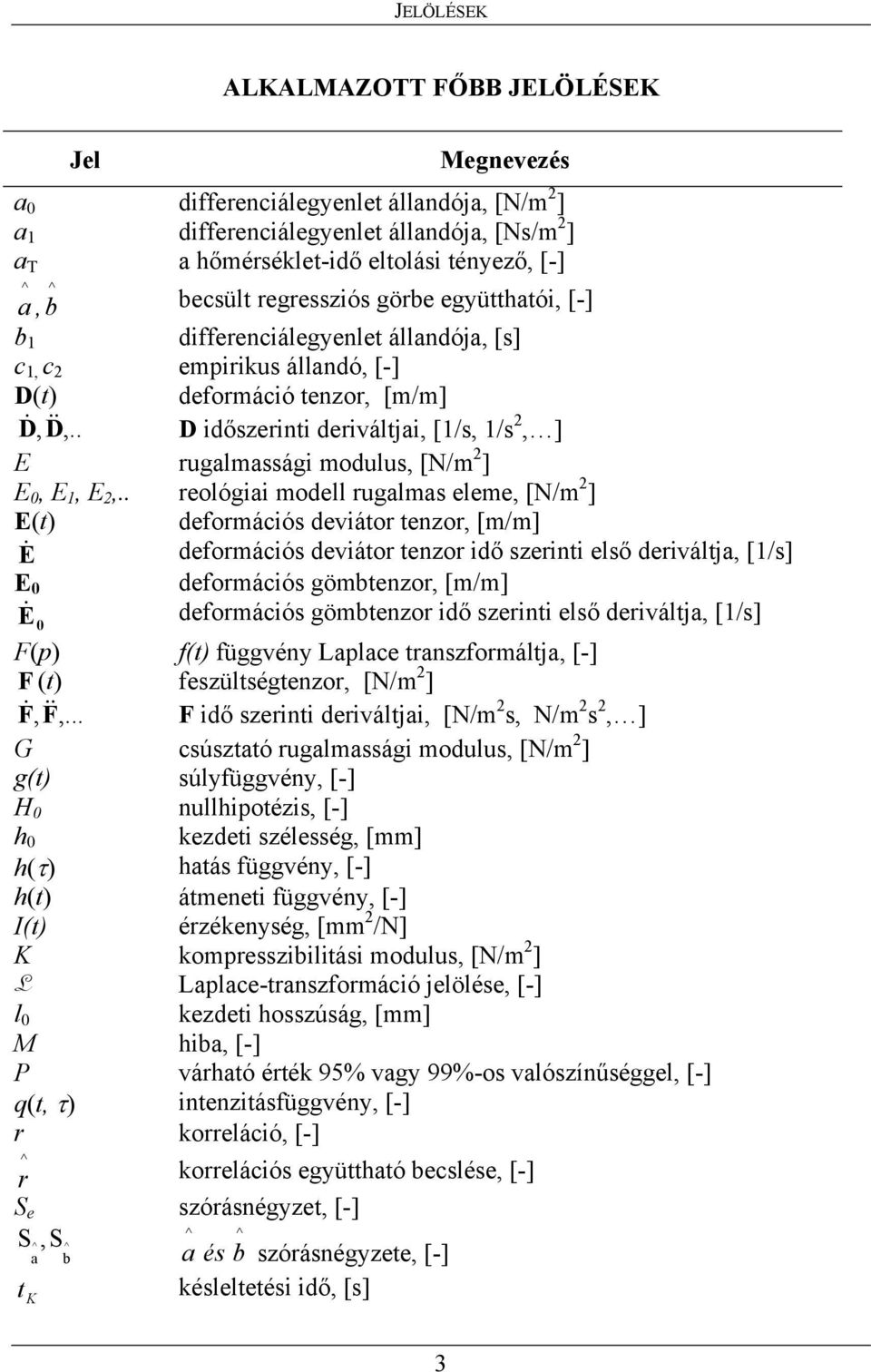 . D időszerinti deriváltjai, [/s, /s, ] rugalmassági modulus, [N/m ],,,.