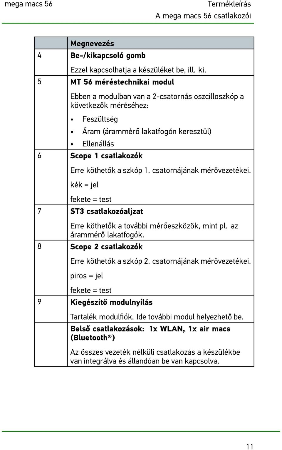 szkóp 1. csatornájának mérővezetékei. kék = jel fekete = test 7 ST3 csatlakozóaljzat Erre köthetők a további mérőeszközök, mint pl. az árammérő lakatfogók.