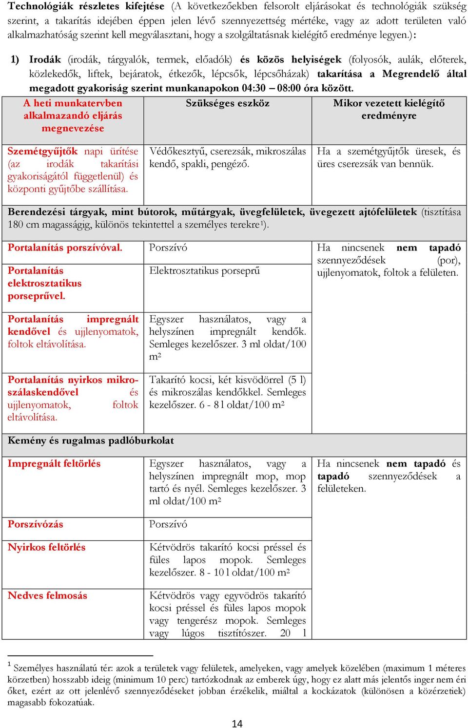 ): 1) Irodák (irodák, tárgyalók, termek, előadók) és közös helyiségek (folyosók, aulák, előterek, közlekedők, liftek, bejáratok, étkezők, lépcsők, lépcsőházak) takarítása a Megrendelő által megadott