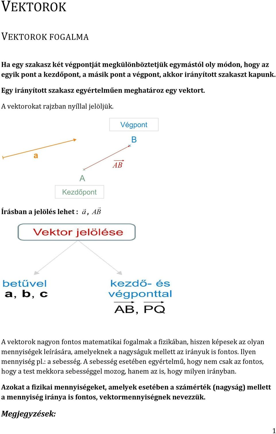 Írásban a jelölés lehet : a, AB A vektorok nagyon fontos matematikai fogalmak a fizikában, hiszen képesek az olyan mennyiségek leírására, amelyeknek a nagyságuk mellett az irányuk is fontos.