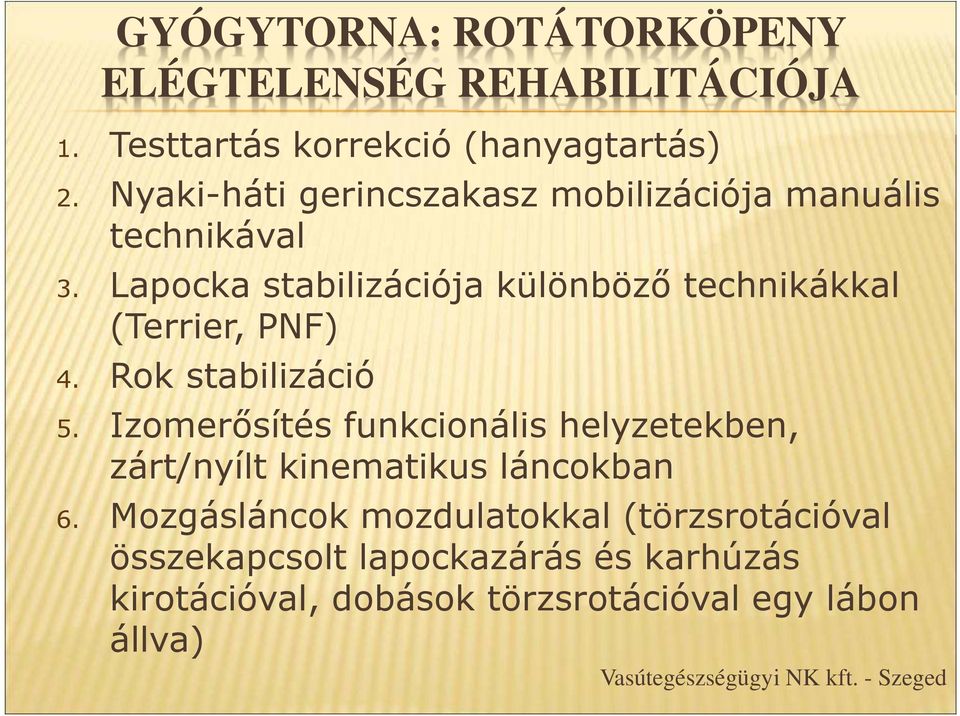 Lapocka stabilizációja különböző technikákkal (Terrier, PNF) 4. Rok stabilizáció 5.