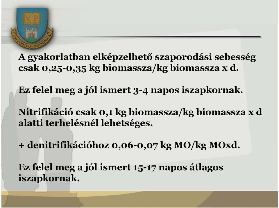 Nitrifikáció csak 0,1 kg biomassza/kg biomassza x d alatti terhelésnél lehetséges.