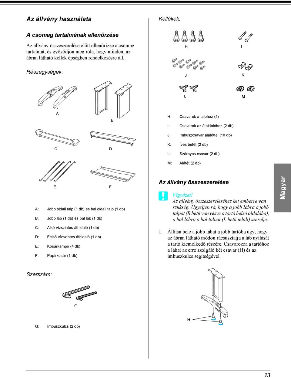 H I English Részegységek: J K L M A B H: Csavarok a talphoz (4) I: Csavarok az áthidalóhoz (2 db) C D J: Imbuszcsavar alátéttel (10 db) K: Íves betét (2 db) L: Szárnyas csavar (2 db) Česky M: Alátét