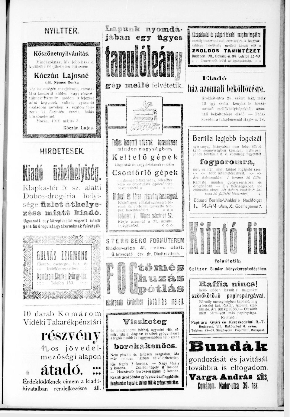 Mocs 98 május 3 Kóczán ház zonnl beköltözésre á!l egy t tozó nl SS. ssámu szob, ház, mely konyh és hozzá* mellékhelységekből, beköltözésre el«l'». zon - T«l- kozódn tuljdonosnál Hjós-n.