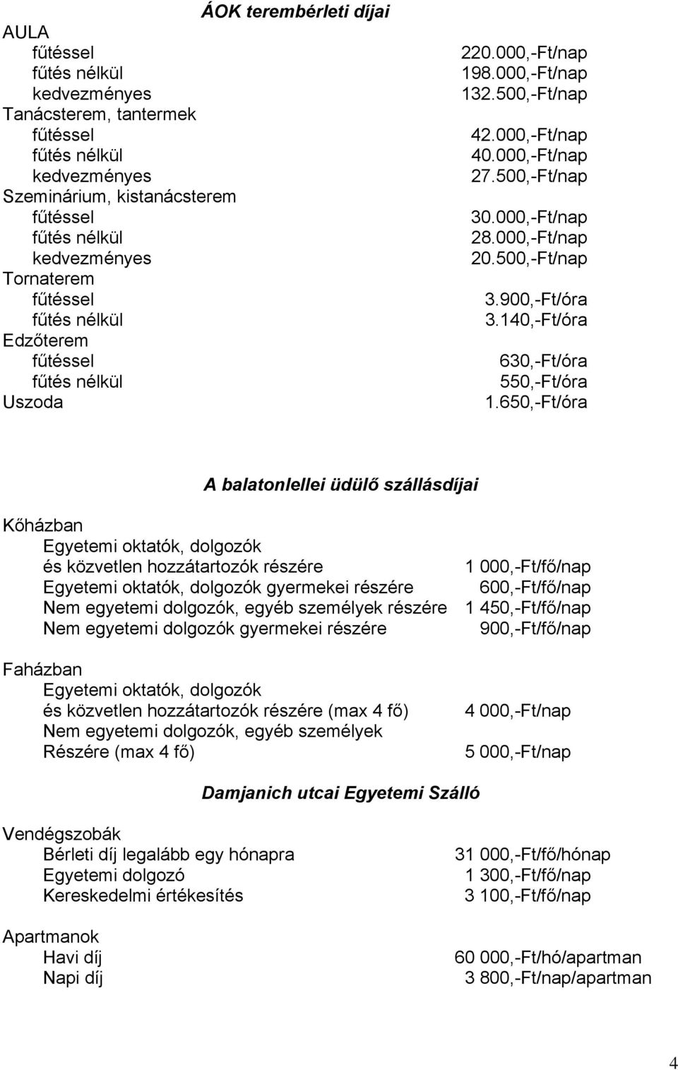 650,-Ft/óra A balatonlellei üdülő szállásdíjai Kőházban Egyetemi oktatók, dolgozók és közvetlen hozzátartozók részére 1 000,-Ft/fő/nap Egyetemi oktatók, dolgozók gyermekei részére 600,-Ft/fő/nap Nem