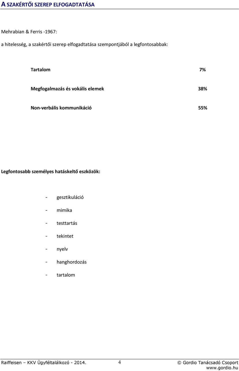 vokális elemek 38% Non-verbális kommunikáció 55% Legfontosabb személyes hatáskeltő