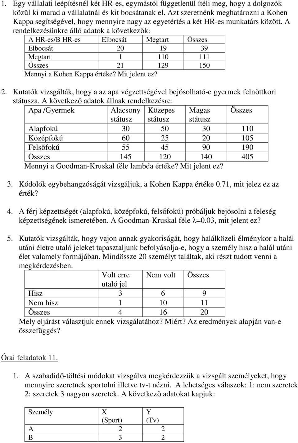 A rendelkezésünkre álló adatok a következık: A HR-es/B HR-es Elbocsát Megtart Összes Elbocsát 20 19 39 Megtart 1 110 111 Összes 21 129 150 Mennyi a Kohen Kappa értéke? Mit jelent ez? 2. Kutatók vizsgálták, hogy a az apa végzettségével bejósolható-e gyermek felnıttkori státusza.