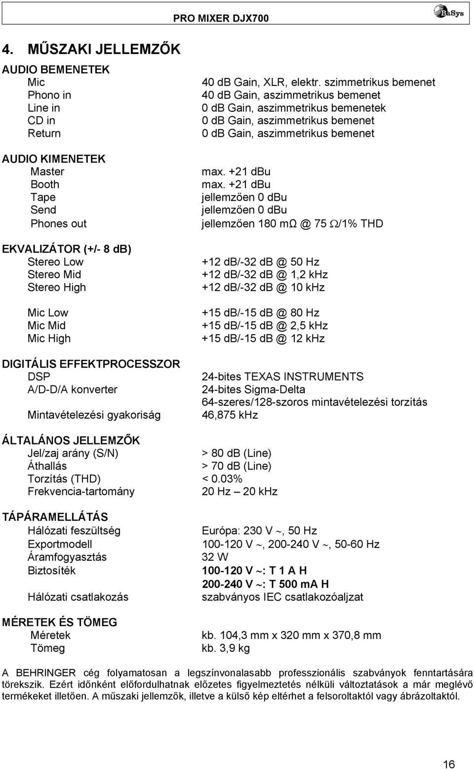 szimmetrikus bemenet 40 db Gain, aszimmetrikus bemenet 0 db Gain, aszimmetrikus bemenetek 0 db Gain, aszimmetrikus bemenet 0 db Gain, aszimmetrikus bemenet max. +21 dbu max.