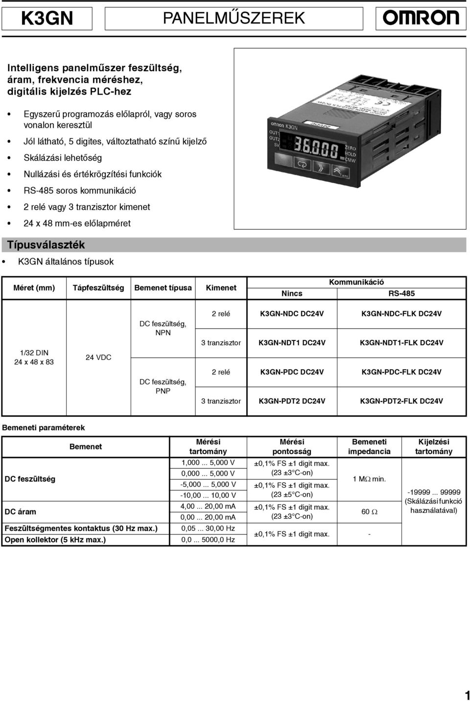 Tápfeszültség Bemenet típusa Kimenet Nincs Kommunikáció RS-485 1/32 DIN 24 x 48 x 83 24 VDC DC feszültség, NPN DC feszültség, PNP 2 relé -NDC DC24V -NDC-FLK DC24V 3 tranzisztor -NDT1 DC24V -NDT1-FLK