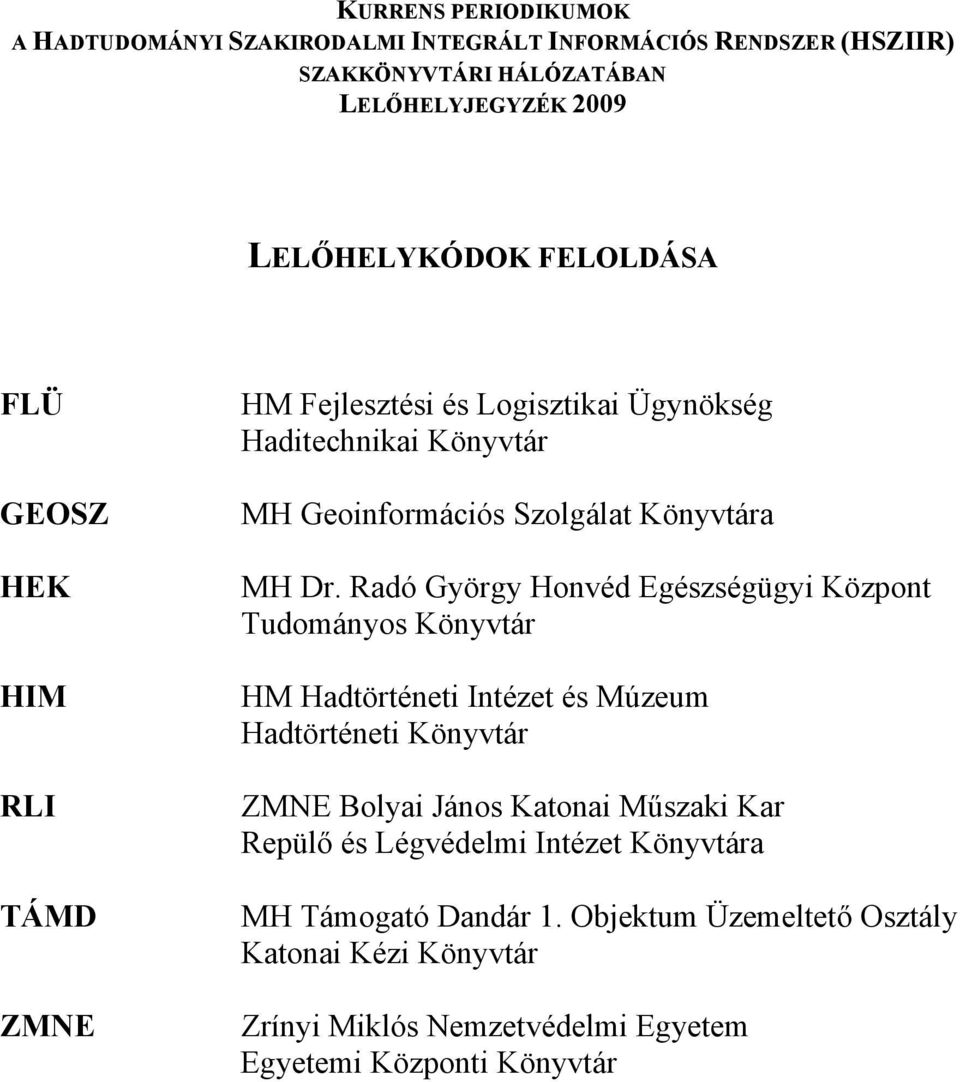 Radó György Honvéd Egészségügyi Központ Tudományos Könyvtár HM Hadtörténeti Intézet és Múzeum Hadtörténeti Könyvtár ZMNE Bolyai János Katonai Műszaki Kar