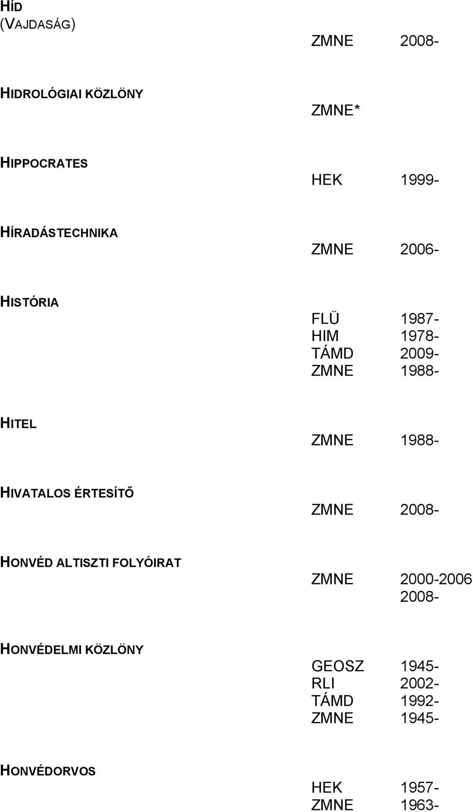 HIVATALOS ÉRTESÍTŐ HONVÉD ALTISZTI FOLYÓIRAT ZMNE 2000-2006 2008-