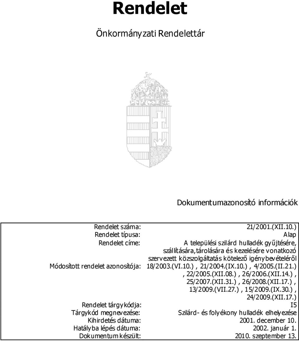 azonosítója: 18/2003.(VI.10.), 21/2004.(IX.10.), 4/2005.(II.21.), 22/2005.(XII.08.), 26/2006.(XII.14.), 25/2007.(XII.31.), 26/2008.(XII.17.), 13/2009.(VII.27.), 15/2009.(IX.30.