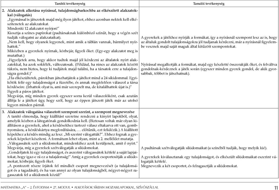 Mindenki 12 alakzatot nyírjon! Kiosztja a színes papírokat (padtársaknak különböző színűt, hogy a végén szét tudják válogatni az alakzataikat).