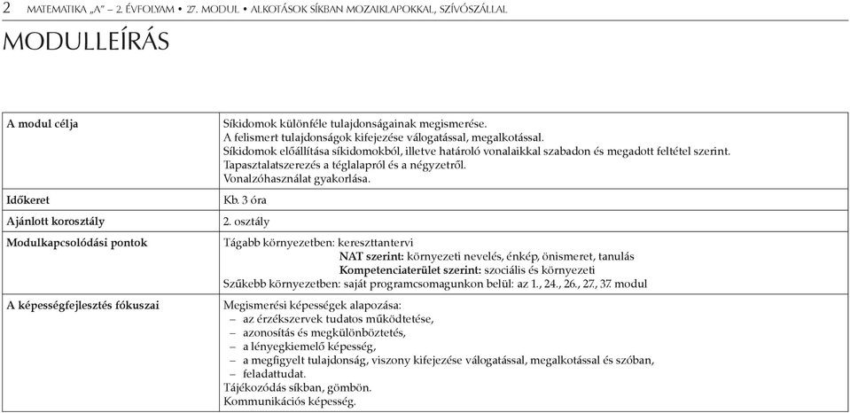 megismerése. A felismert tulajdonságok kifejezése válogatással, megalkotással. Síkidomok előállítása síkidomokból, illetve határoló vonalaikkal szabadon és megadott feltétel szerint.