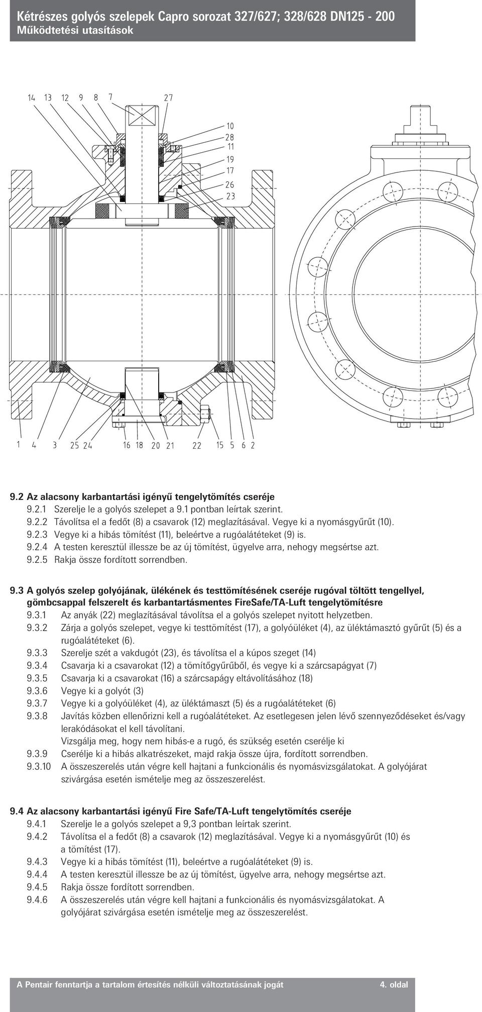 9.3 A golyós szelep golyójának, ülékének és testtömítésének cseréje rugóval töltött tengellyel, gömbcsappal felszerelt és karbantartásmentes FireSafe/TA-Luft tengelytömítésre 9.3.1 Az anyák (22) meglazításával távolítsa el a golyós szelepet nyitott helyzetben.