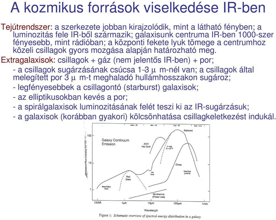 Extragalaxisok: csillagok + gáz (nem jelentős IR ben) + por; a csillagok sugárzásának csúcsa 1 3 µ m nél van; a csillagok által melegített por 3 µ m t meghaladó hullámhosszakon