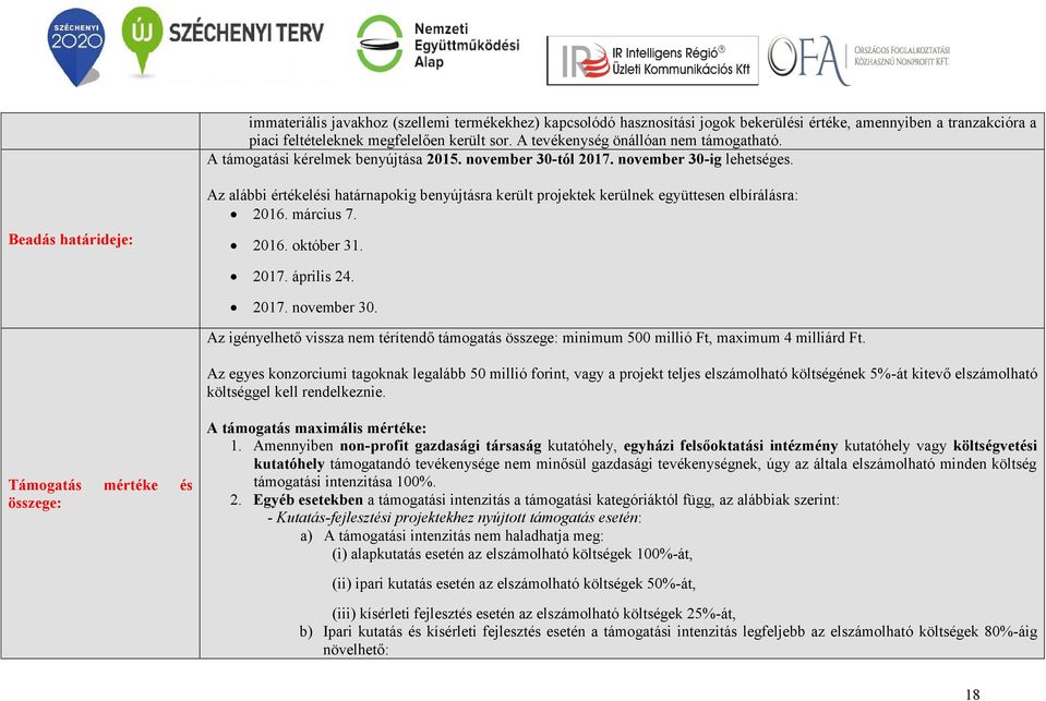 Beadás határideje: Az alábbi értékelési határnapokig benyújtásra került projektek kerülnek együttesen elbírálásra: 2016. március 7. 2016. október 31. 2017. április 24. 2017. november 30.