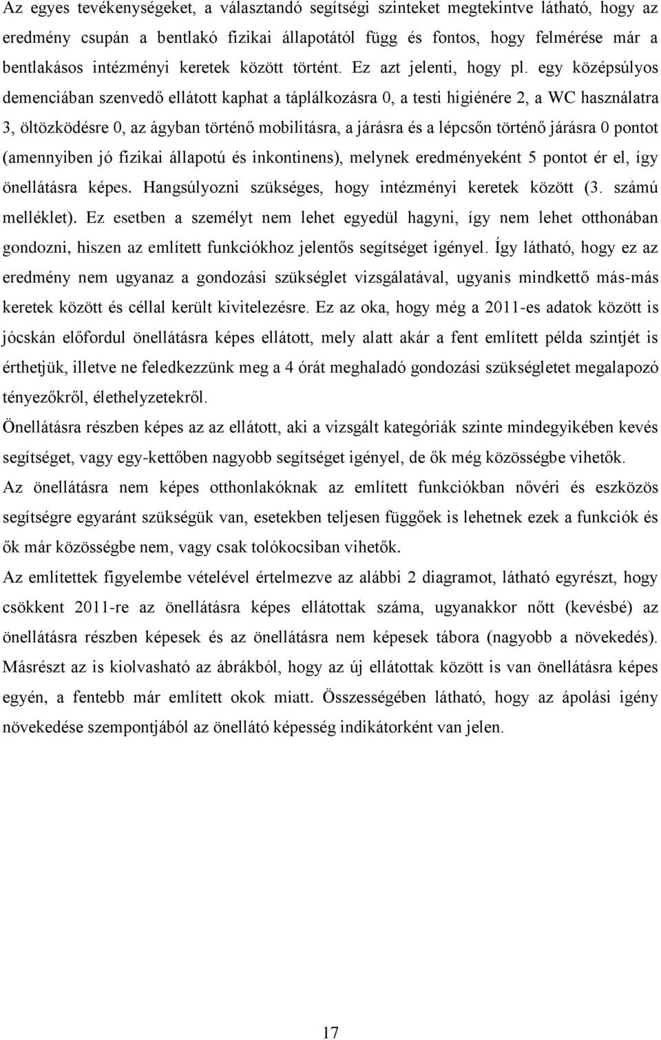 egy középsúlyos demenciában szenvedő ellátott kaphat a táplálkozásra 0, a testi higiénére 2, a WC használatra 3, öltözködésre 0, az ágyban történő mobilitásra, a járásra és a lépcsőn történő járásra