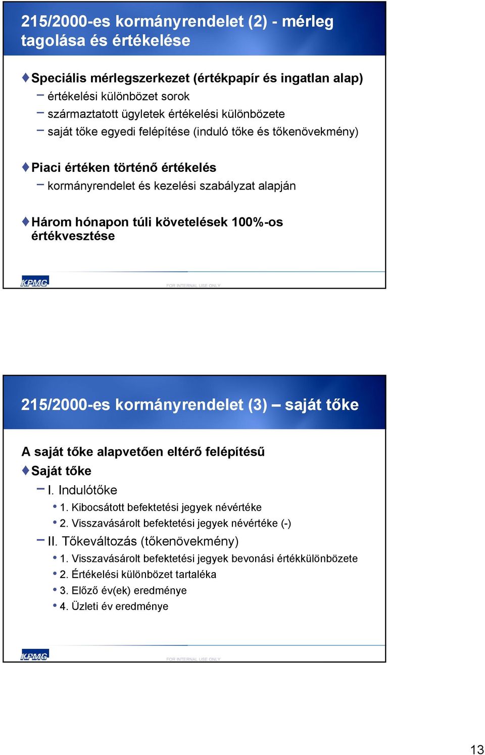 215/2000-es kormányrendelet (3) saját tőke A saját tőke alapvetően eltérő felépítésű Saját tőke I. Indulótőke 1. Kibocsátott befektetési jegyek névértéke 2.