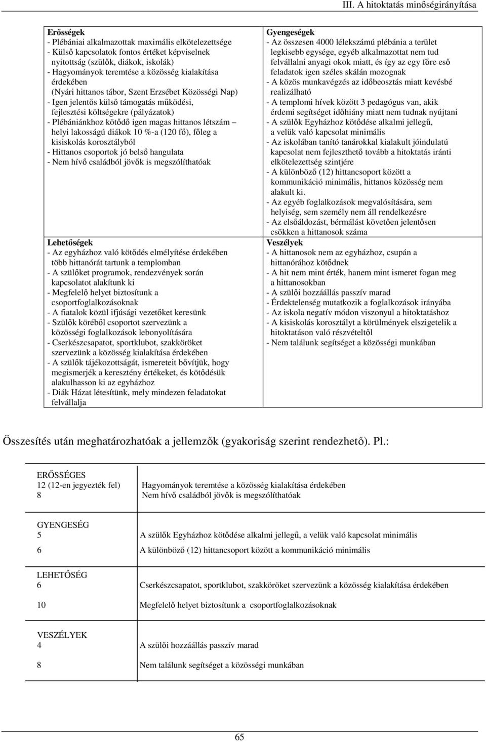 lakosságú diákok 10 %-a (120 fő), főleg a kisiskolás korosztályból - Hittanos csoportok jó belső hangulata - Nem hívő családból jövők is megszólíthatóak Lehetőségek - Az egyházhoz való kötődés