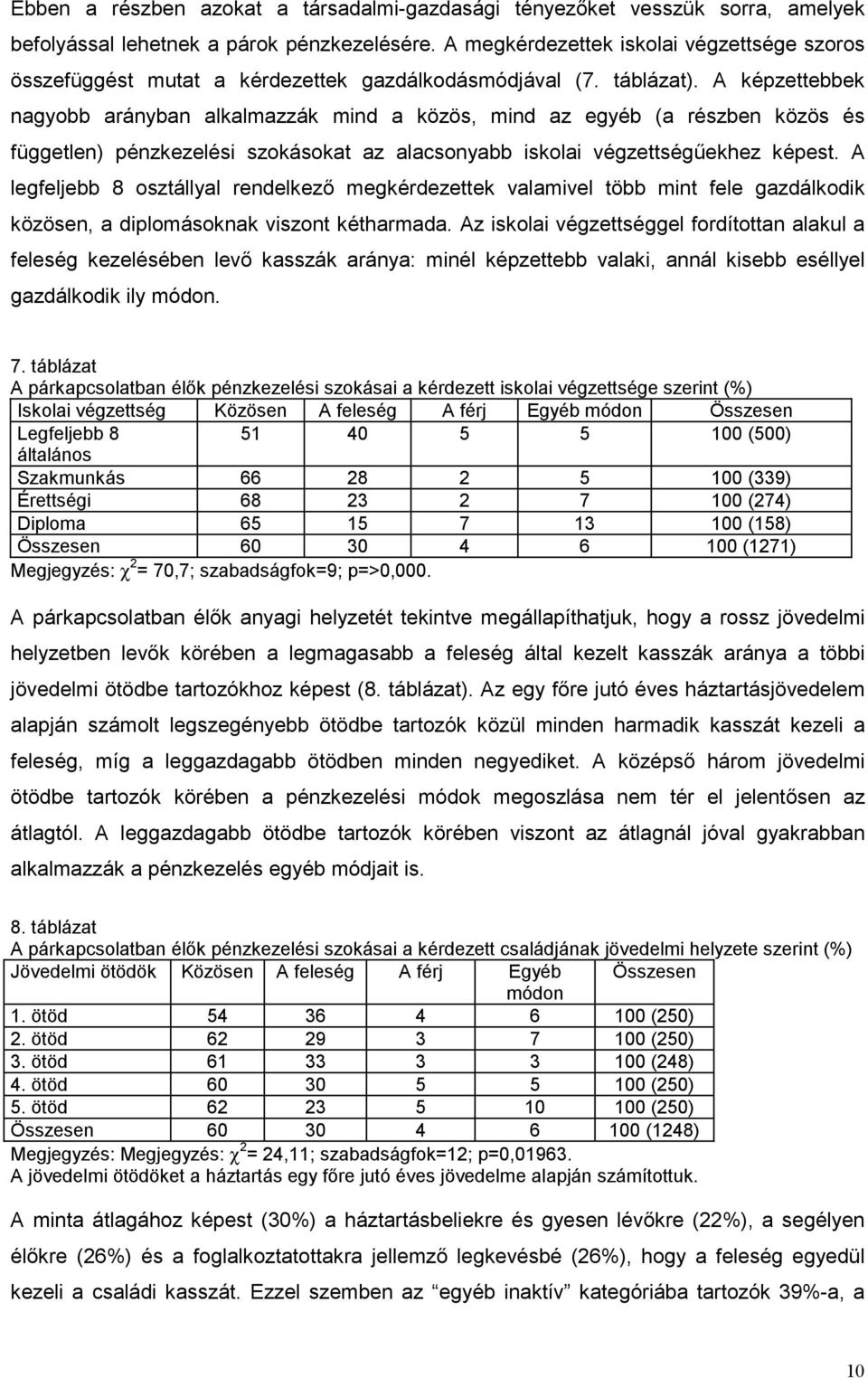 A képzettebbek nagyobb arányban alkalmazzák mind a közös, mind az egyéb (a részben közös és független) pénzkezelési szokásokat az alacsonyabb iskolai végzettségűekhez képest.